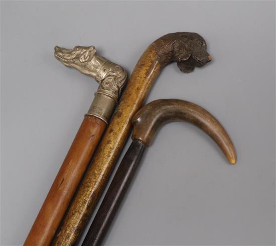 Two dogs head handled canes and another